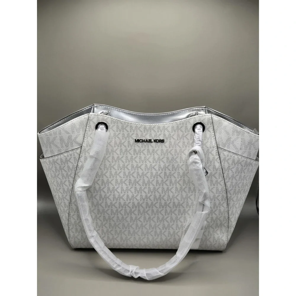 NWT Michael Kors Jet Set Travel Large Chain Shoulder Tote Silver MK Signature